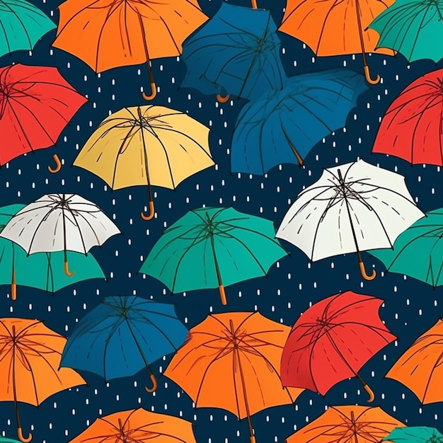 W deszczu na niebieskim tle jest wiele kolorowych parasoli.