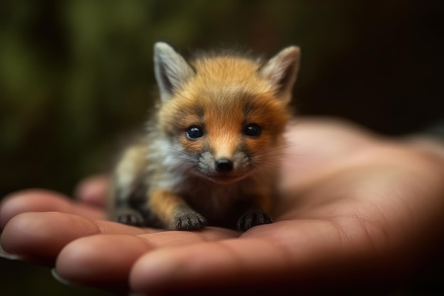W dłoni trzymany jest mały rudy lis