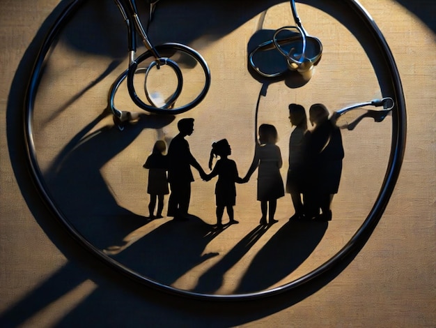 Zdjęcie w drutu stetoskopu widać cień szczęśliwej rodziny
