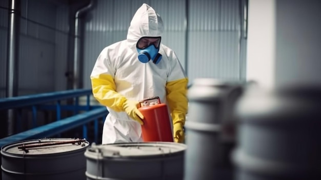 W firmie produkującej chemikalia profesjonalny pracownik chemiczny ubrany w kombinezon ochronny i maskę przeciwgazową zajmuje się materiałami niebezpiecznymi Generative AI