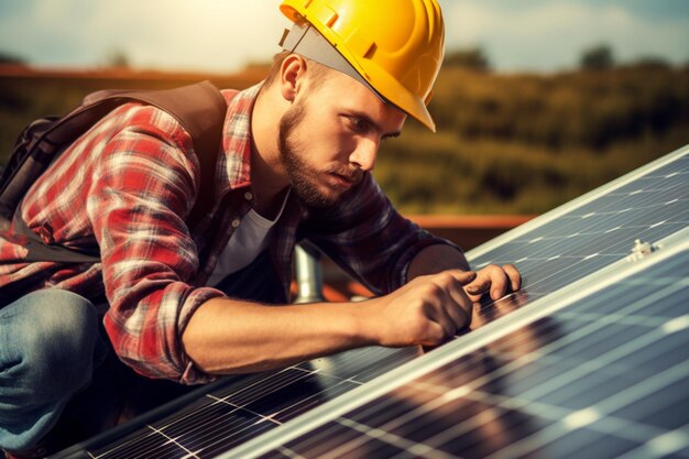 Zdjęcie w firmie sunlight pracownik naprawia panele słoneczne na metalowej podstawie pracownik mocujący panele słoneczne na dachu
