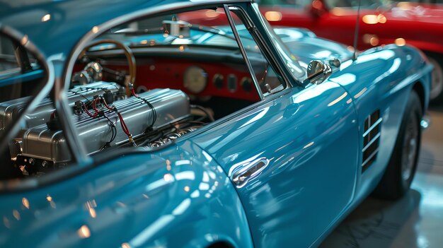 W garażu zaparkowany jest elegancki i stylowy niebieski vintage samochód z błyszczącym wyglądem zewnętrznym i luksusowym wnętrzem