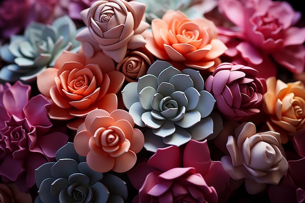 W generatywnym bukiecie jest wiele różnokolorowych papierowych kwiatów