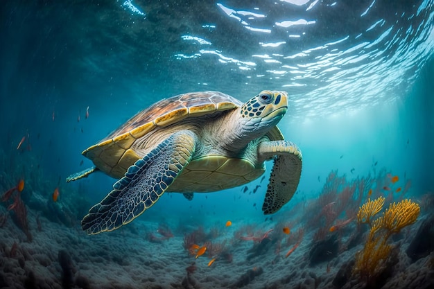 W głębinach oceanu podwodny żółw nurkujący Generative AI