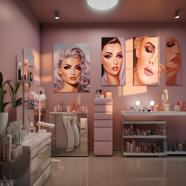 W jasnym salonie kosmetycznym plakaty różnorodnej piękności