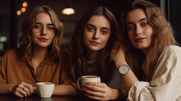 W kawiarni trzy młode kobiety relaksują się przy filiżance kawy Generative AI