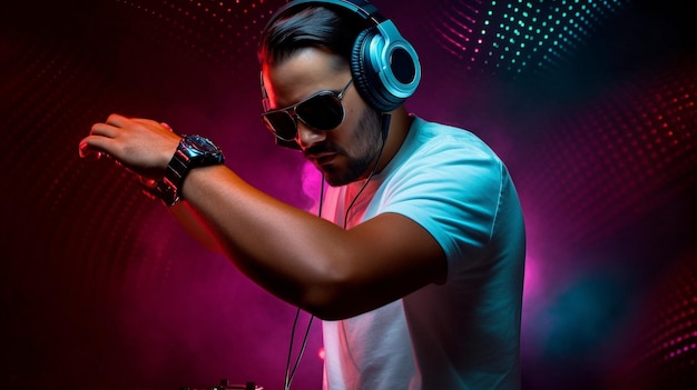 W klubie ze światłami laserowymi za sobą DJ używa słuchawek do odtwarzania muzyki Generative AI