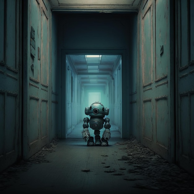 w korytarzu siedzi robot generujący sztuczną inteligencję