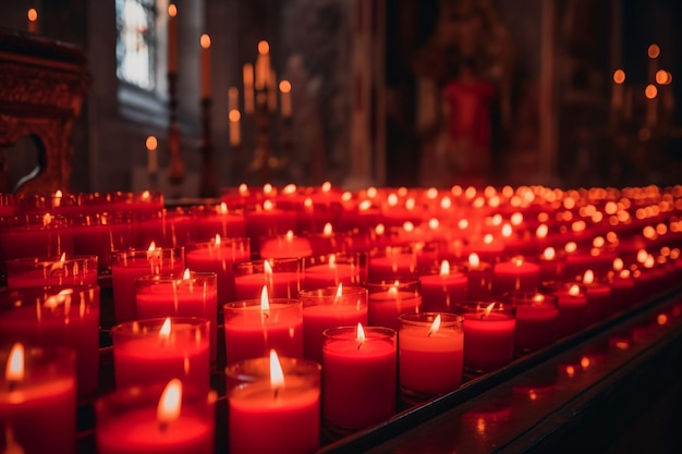 W kościele pali się wiele czerwonych świec.