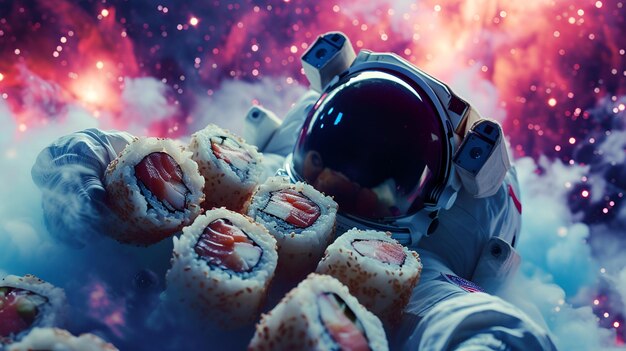 Zdjęcie w kosmicznej pustce astronauta otacza krąg sushi.