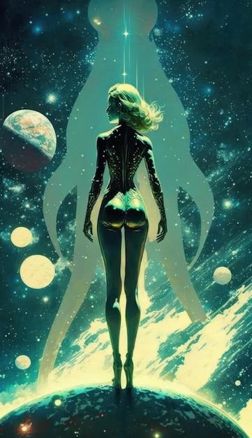 W kosmosie Kobieta z długimi nogami jest na zewnątrz Beautiful illustrationobraz generatywnej sztucznej inteligencji