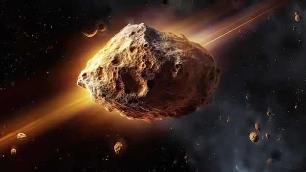 Zdjęcie w kosmosie widać asteroidę z planetą w tle.