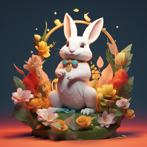 W koszu z kwiatami generatywnymi ai siedzi biały królik
