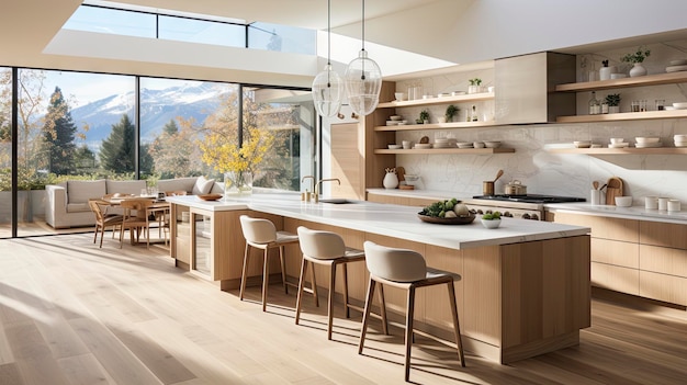 W kuchni modelowego domu znajduje się wyspa kuchenna z dużym oknem, z którego roztacza się widok na góry.