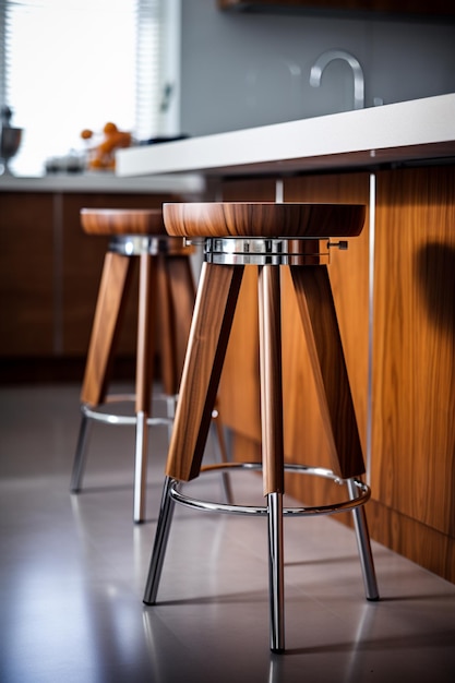 Zdjęcie w kuchni obok licznika mocy stoją dwa drewniane stołki
