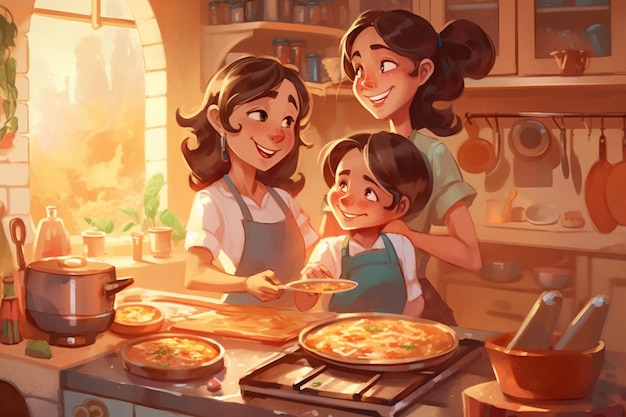 w kuchni są trzy osoby, które wspólnie gotują pizzę. Generatywna sztuczna inteligencja