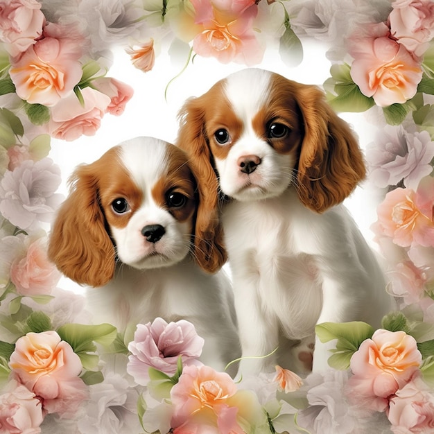 w kwiatowej ramce siedzą razem dwa psy, generatywna ai