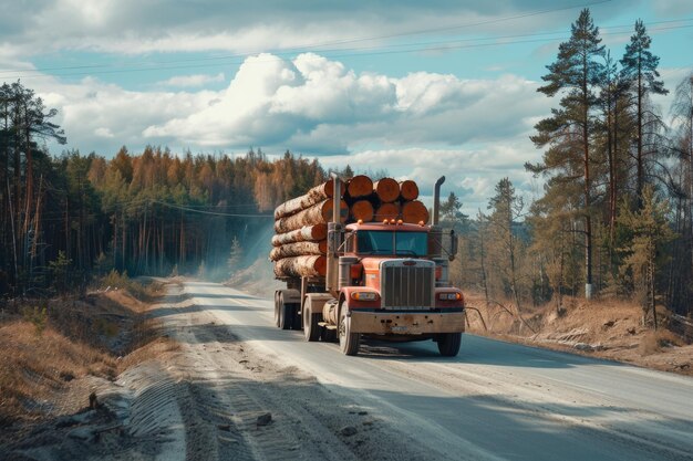 Zdjęcie w lecie ciężarówka z drewnem przewozi drewno po drodze