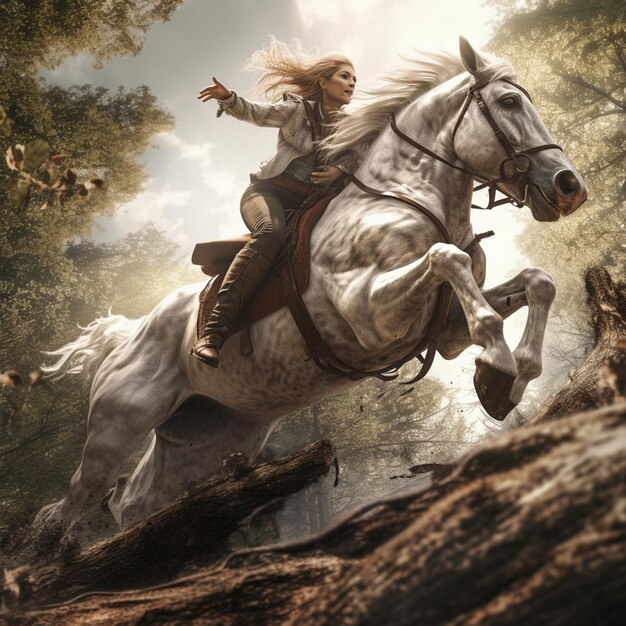 W lesie jest kobieta jeźdząca na koniu.