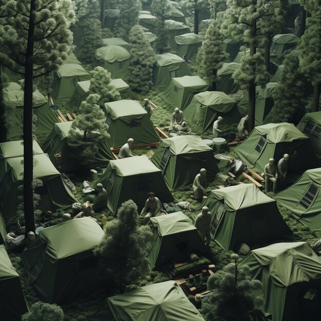 w lesie jest wiele namiotów z ludźmi generującymi sztuczną inteligencję