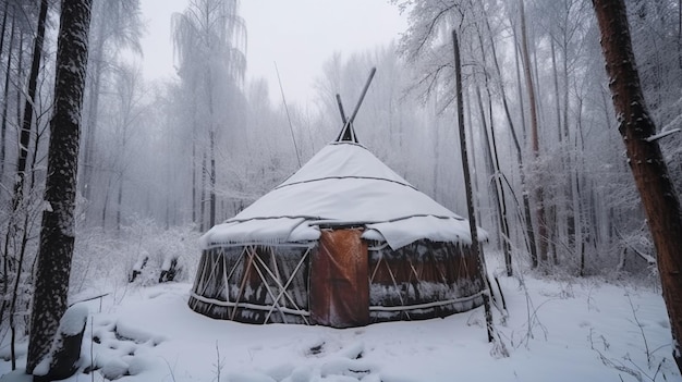 W lesie jurta dom z ogniskiem w lesie Generacyjna AI wigwam w lesie pokryty śniegiem