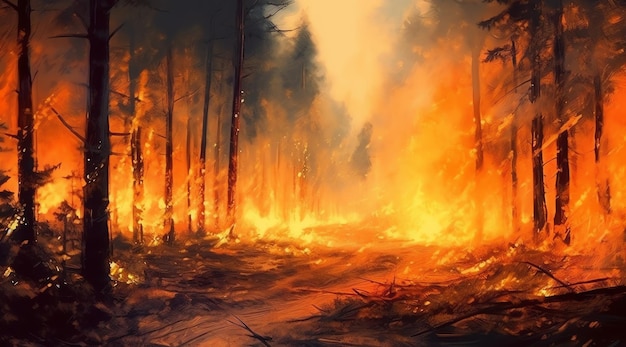 W lesie płonie ogień.