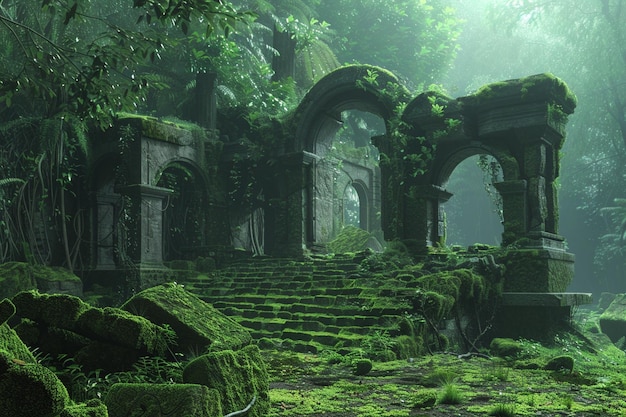 W lesie, pokryte mchem, starożytne ruiny