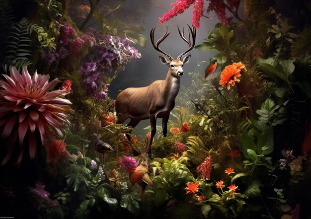 W lesie stoi jeleń z kwiatami i roślinami generatywnymi