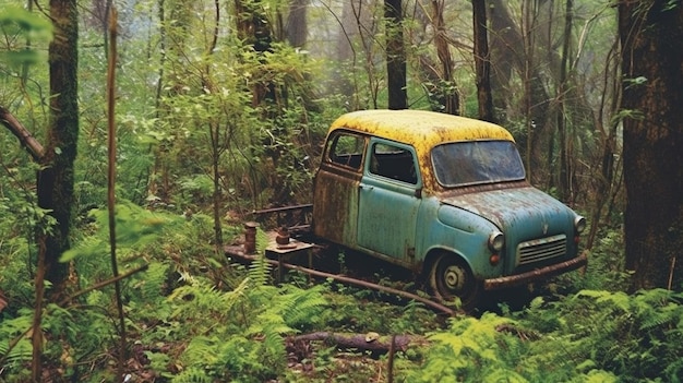 W lesie zaparkowany jest samochód w lesie z żółtym dachem.