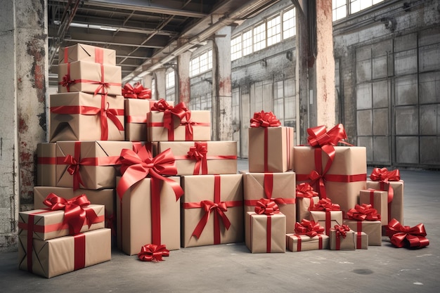 W magazynie mnóstwo pudełek z czerwonymi wstążkami. Prezenty na Boże Narodzenie lub Nowy Rok czekają na wysyłkę do klientów