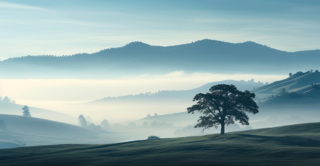 W mglistej krainie samotne drzewa stoją na straży krajobrazu