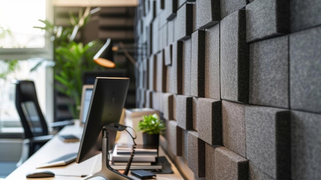 W minimalistycznym biurze domowym panele akustyczne wykonane z zrównoważonych materiałów są używane jako sprytne ściany