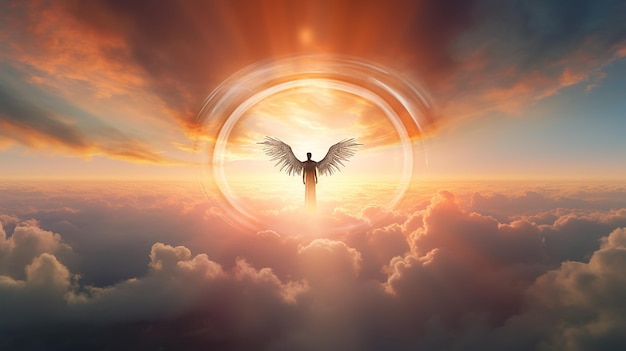 w niebie anioł z skrzydłami i aureolą na tle zachodu słońca niebo z chmurami w raju stworzenie świata jest Bogiem