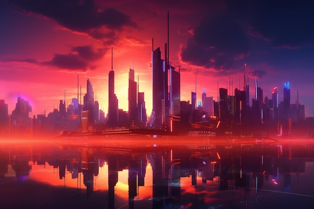 W nocy Futurystyczna panorama miasta w stylu synthwave Piękny obraz ilustracyjny Generative AI