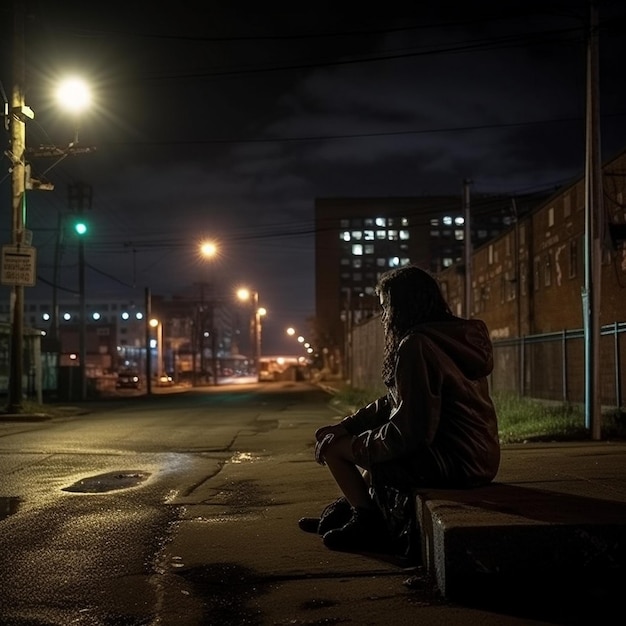 w nocy kobieta z długimi rękawami i ciemnymi włosami siedząca na drewnianej skrzynce z tyłu doków