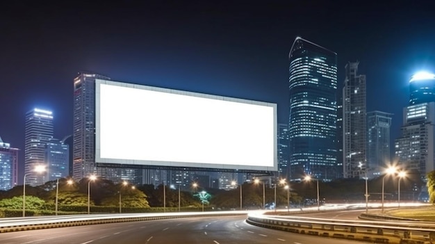 W nocy pusty biały billboard drogowy z tłem pejzażu miejskiego Singapuru Generative AI uliczny plakat reklamowy