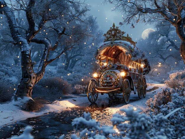 Zdjęcie w nocy wóz świąteczny w lesie
