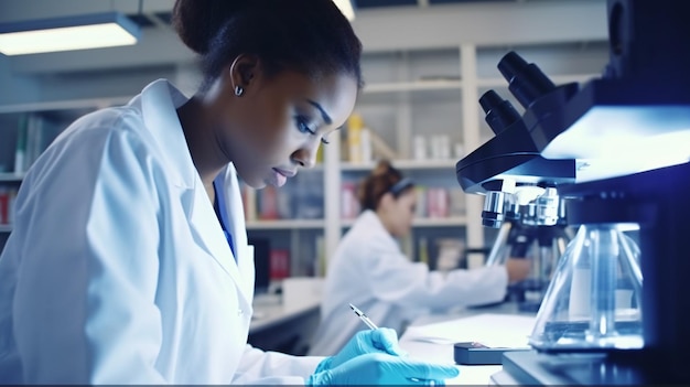 W nowoczesnym laboratorium naukowym oddany naukowiec medyczny młoda afroamerykańska kobieta skrupulatnie analizuje próbki wirusa za pomocą zaawansowanej technologii