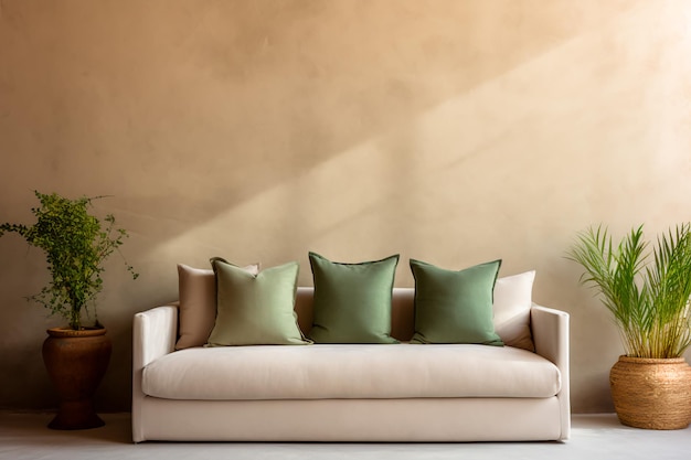 W nowoczesnym salonie z wnętrzem boho ustawiono beżową kanapę ozdobioną zielonymi poduszkami