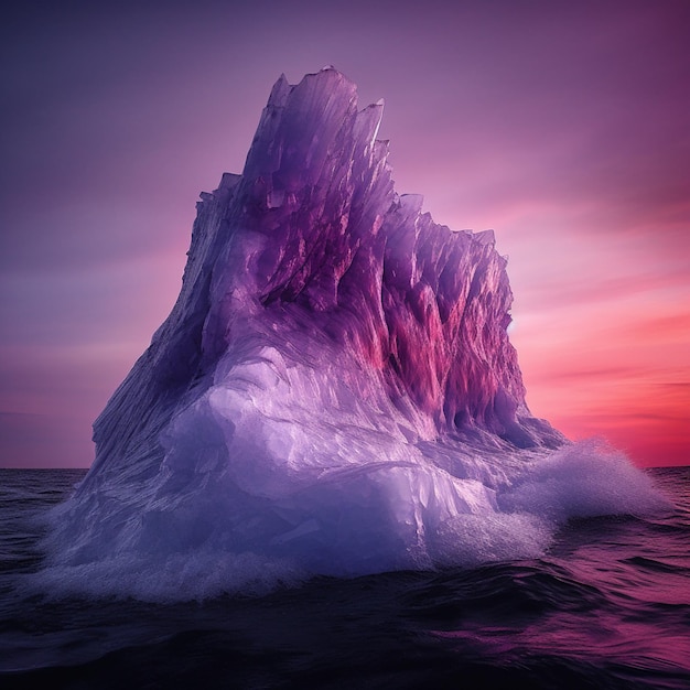 W oceanie unosi się duża góra lodowa, a za nią fioletowo-różowe niebo