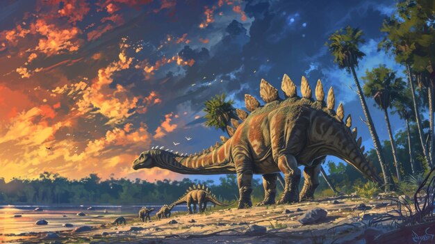 Zdjęcie w oddali widać rodzinę stegosaurów, których pokryte plecami zapewniają schronienie