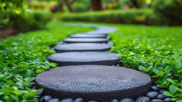 W ogrodzie botanicznym trawa rośnie między kamiennymi ścieżkami