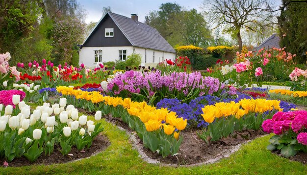 W ogrodzie jest wiele różnych kwiatów z domem na tle.