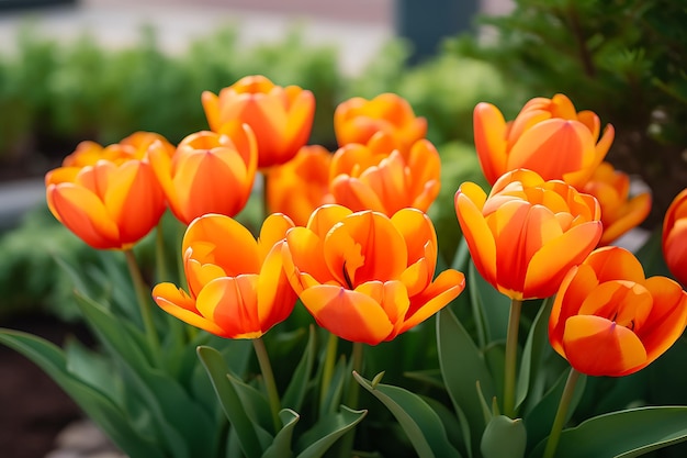 W ogrodzie kwitną pomarańczowe kwiaty tulipanów.