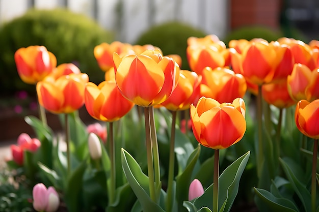 W ogrodzie kwitną pomarańczowe kwiaty tulipanów.