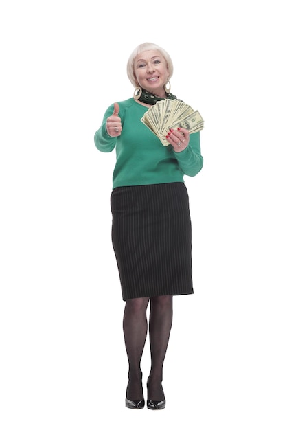 W pełnej wzrostu.szczęśliwa kobieta z rachunkami dolarowymi. na białym tle.