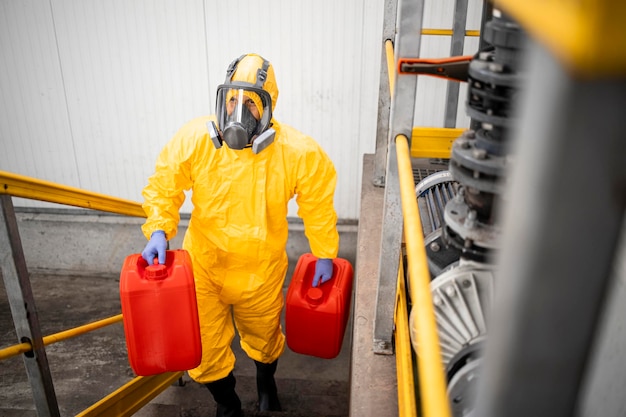 W pełni chroniony pracownik w kombinezonie ochronnym i masce gazowej przewożący chemikalia Wnętrze przemysłowe