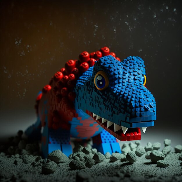 Zdjęcie w piasku generatywnym siedzi dinozaur lego