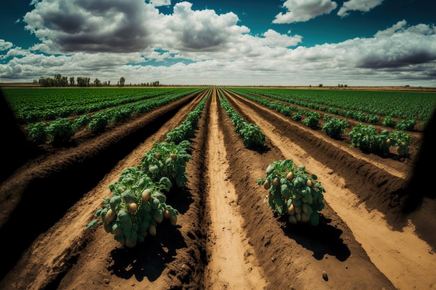 W piękny wiosenny dzień w okolicy kwitną plantacje ziemniaków Produkty ekologiczne Uprawy stosowane w rolnictwie Estetyka i rolnictwo Selektywna uwaga
