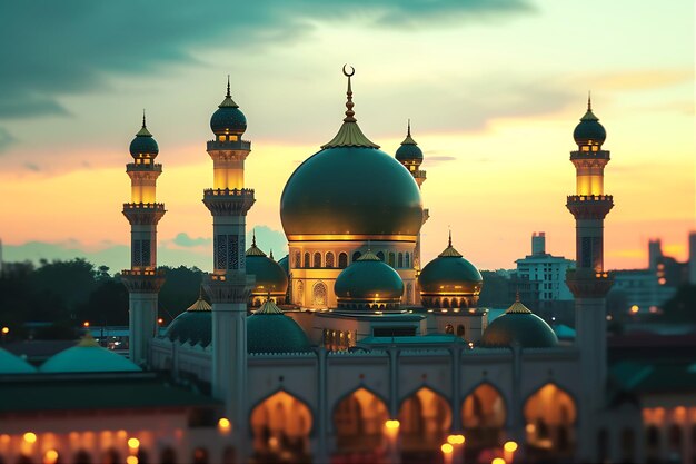 W pięknym kolażu przedstawiono widoki na zachód słońca w meczecie
